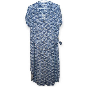 Sonoma Blue & White Button Front Tie Waist Short Sleeve Dress Women Large
